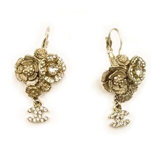 Chanel Gold Multi Flower Crystal CC Dangle Lever Back Earrings